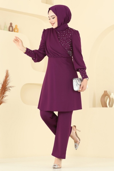 ModaMerve Pearl Detail Hijab Suit Asm2809-Ms Purple