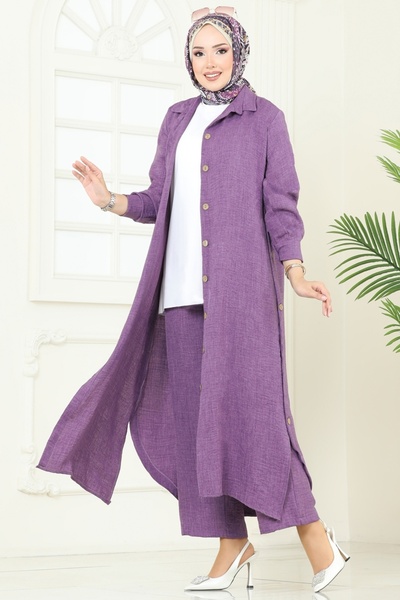 ModaMerve Slit Button Suit 833Ozn1046-Ms Dark Lilac