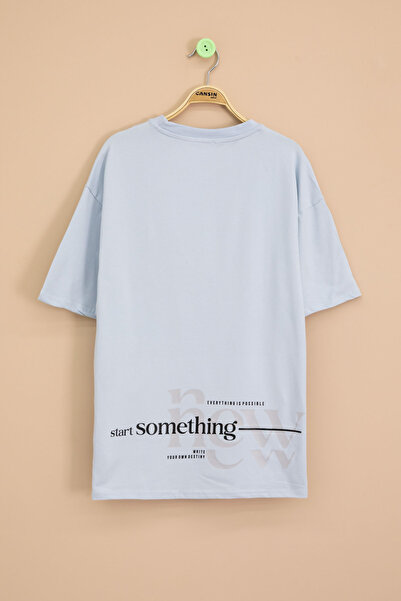 Cansın Mini Blue Text Embroidered Back Printed Boys Crew Neck T-Shirt 20894