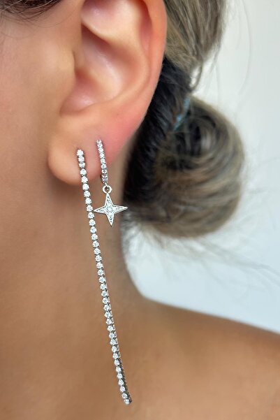 TAKIŞTIR Silver Color Star Figured Stone Detailed Earrings (Pair)
