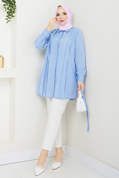 ModaMerve Nervür Detay Tesettür Tunik 273ASN888-MS Mavi