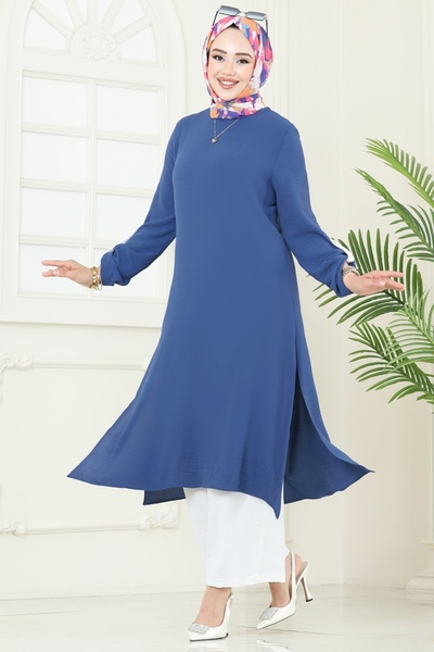 ModaMerve Yandan Yırtmaçlı Tesettür Takım 1994FON792-MS İndigo