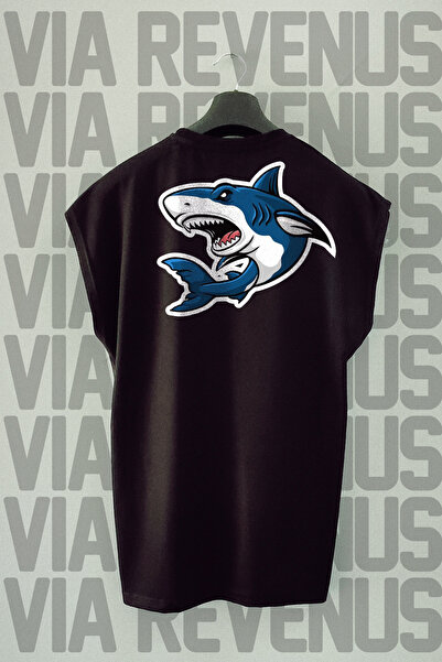 Vordevia Tricou sport cu mâneci zero cu imprimeu pe spate Shark