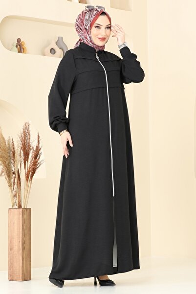ModaMerve Önden Fermuarlı Pardesü Ferace 2018MEY846-MS Siyah