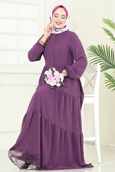 ModaMerve Güpür Detay Aerobin Elbise 380DVL817-MS Koyu Lila