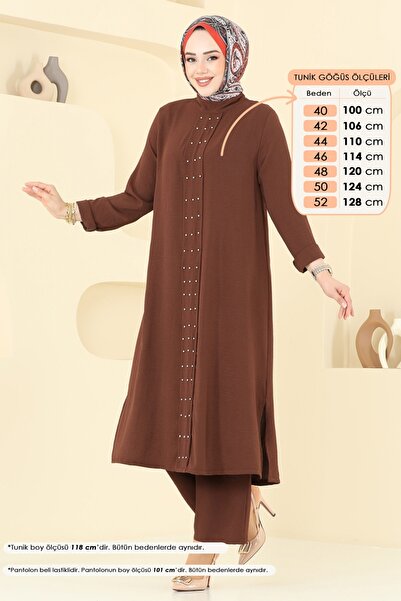 ModaMerve Önü İncili Tesettür Takım 3101HBS856-MS Kahve