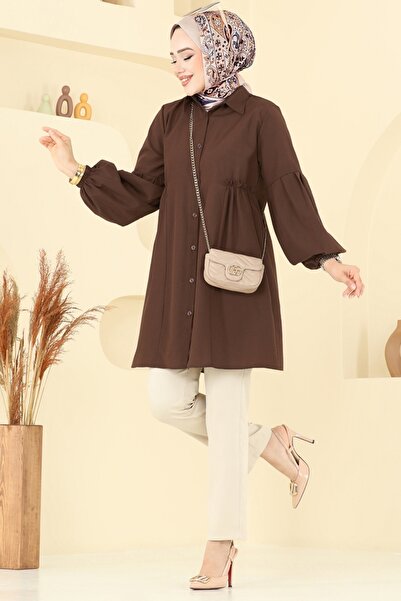 ModaMerve Gömlek Yakalı Tunik 3055KTR750-MS Koyu Kahve
