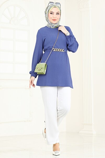 ModaMerve Zincir Kemerli Tesettür Takım 344DVL817-MS İndigo&Ekru