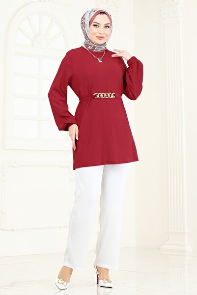 ModaMerve Zincir Kemerli Tesettür Takım 344DVL817-MS Kırmızı&Ekru