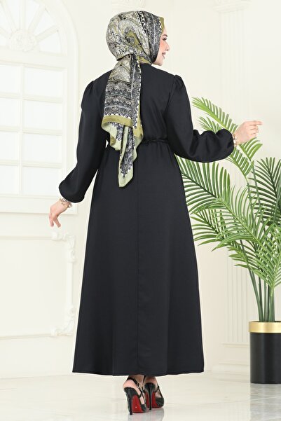 ModaMerve Beli Bağcıklı Tesettür Elbise 3050KTR750-MS Siyah
