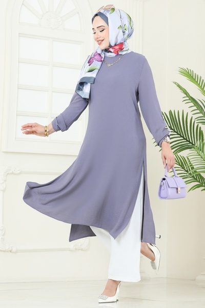 ModaMerve Yandan Yırtmaçlı Tesettür Takım 1994FON792-MS Gri