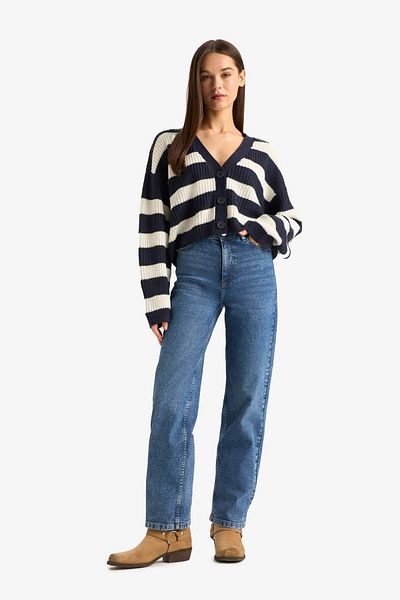 DeFacto Regular Fit V-Neck Striped Knitwear Cardigan Z8539Az25Wn