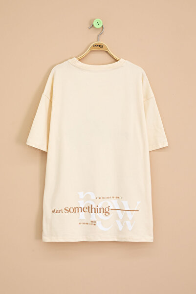 Cansın Mini Κρεμ γράμματα κεντημένο μπλουζάκι με στάμπα για αγόρια με λαιμόκοψη 20898