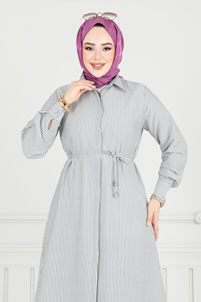 ModaMerve Beli Bağcıklı Çizgili Tunik 3106HBS856-MS Siyah