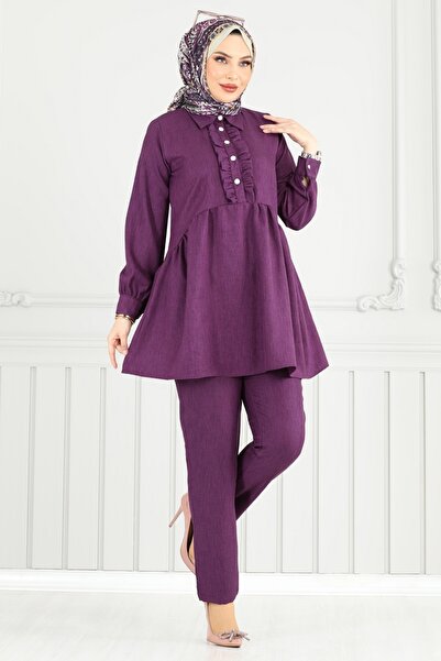 ModaMerve Half Button Hijab Suit 6093Teg847-Ms Purple