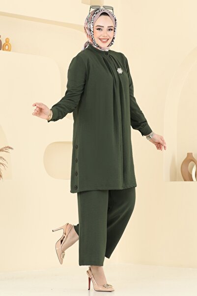 ModaMerve Yırtmaç Düğmeli Tesettür Takım 3100HBS856-MS Haki