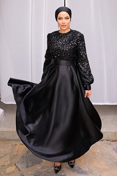 ModaMerve Pul Detaylı Saten Abiye 2537ASMK1074-MS Siyah