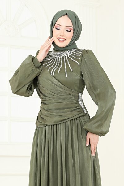 ModaMerve SUAL Önü Taşlı Organze Abiye 6238LPN858-MS Haki