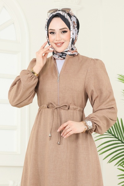 ModaMerve Beli Bağcıklı Tesettür Elbise 3050KTR750-MS Açık Kahve