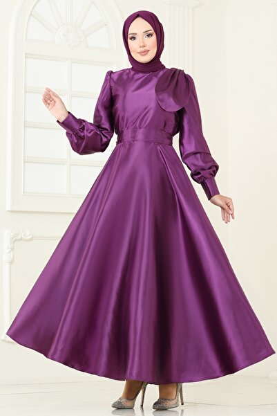 ModaMerve Beli Kuşaklı Saten Abiye 2745ASMK1074-MS Koyu Lila