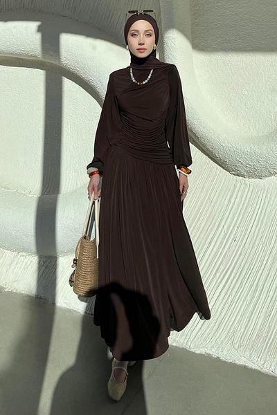 BİNAAR Drape Detailed Sandy Dress Brown