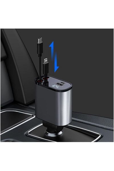 Tradeo 120W 4-in-1 car charger with LED display, dual USB ports, Type-C & Lightning cables, PD support.
