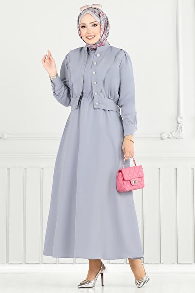 ModaMerve Düğme Detaylı Elbise Takım 3056KTR750-MS Gri