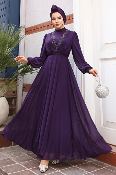 ModaMerve Taş İşlemeli Şifon Abiye 5408AB368-MS Mor