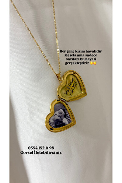 Çelik Kalp Kapaklı Resimli Hiç Çıkarma Kolyesi - En Tatlı Hediye