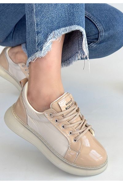 Skygo Piona Beige Patent Leather Lace-Up Sneakers