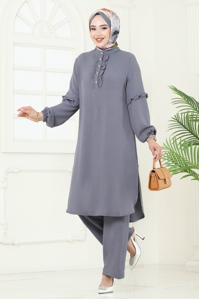 ModaMerve Yandan Yırtmaçlı Tesettür Takım 412DVL817-MS Gri