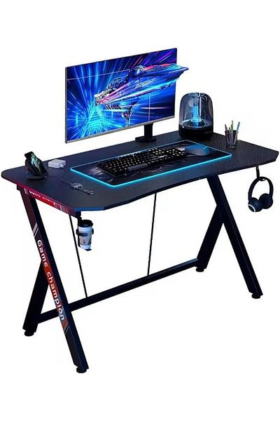 AGD Gaming Desk and Computer Table, Z-shape Frame with Headphone Hook and Cup Holder