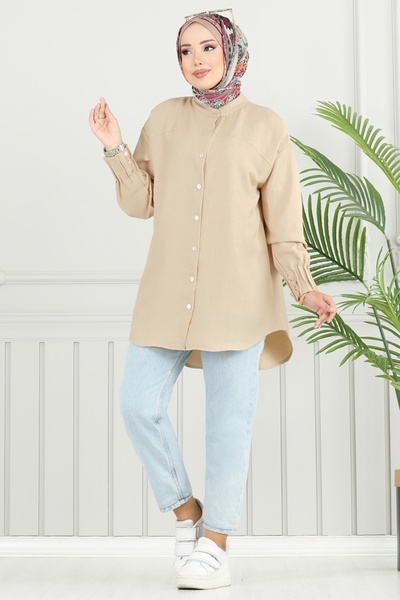 ModaMerve Pilise Detay Keten Tunik 4033TEG847-MS Vizyon