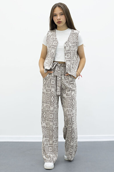 Cansın Mini Coffee Patterned Buttoned Vest Wide Leg Belted Trousers Girls' 2 Piece Set 21012