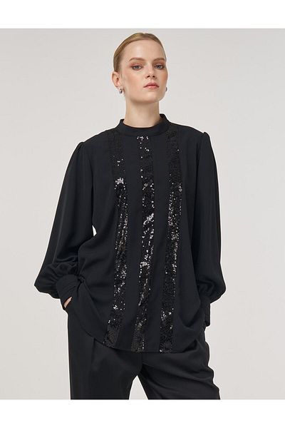 Kayra Sequin Embroidered Stylish Blouse Black