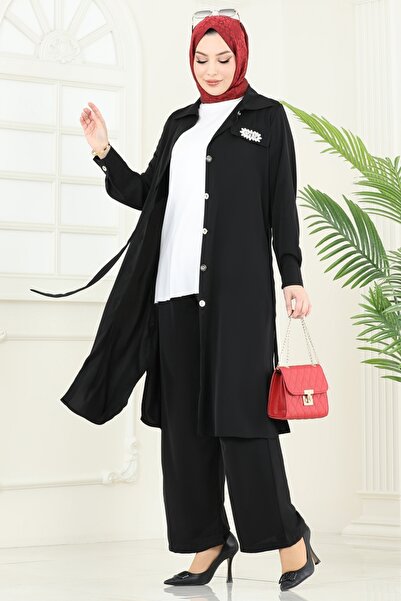 ModaMerve Yandan Bağcıklı Dubai İpeği Takım 3115BLU797-MS Siyah