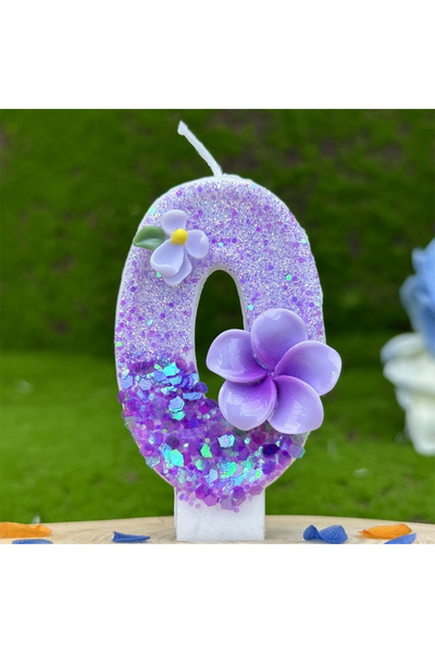 L&Wen شموع الكيك الأرجوانية مقاس 7 سم، شمعة رقم 0 ذات طابع الزهور لأعياد المي...