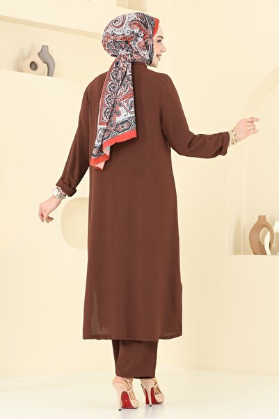 ModaMerve Önü İncili Tesettür Takım 3101HBS856-MS Kahve