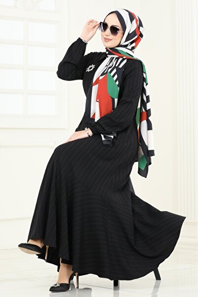 ModaMerve Eteği Fırfırlı Kemerli Elbise 2065PM271-MS Siyah