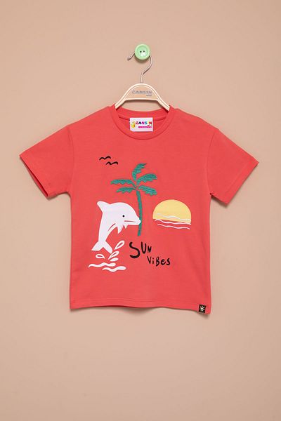 Cansın Mini Tile Fish Printed Embroidered Baby Boy Crew Neck T-Shirt 20946