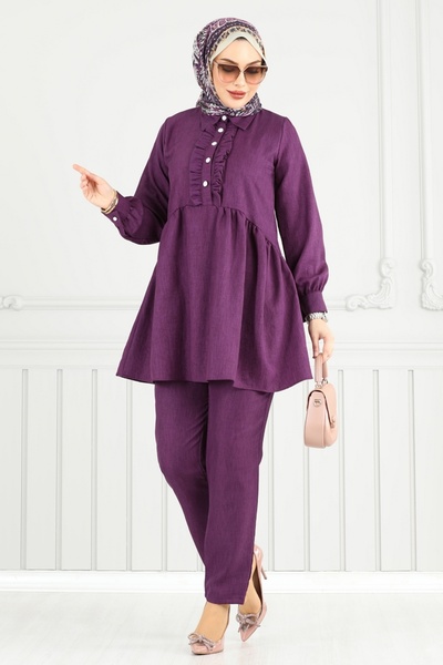ModaMerve Half Button Hijab Suit 6093Teg847-Ms Purple