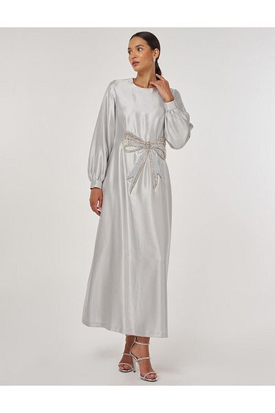 Kayra Beaded Satin Dress Gray