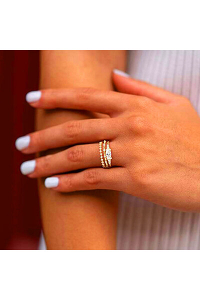 Hilosh Marquise Kesim Taş Detaylı Altın Renk Yüzük Takımı 3'lü