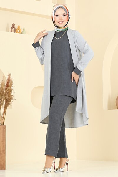 ModaMerve Asimetrik Kesim Üçlü Takım 3129HBS856-MS Gri&Antrasit