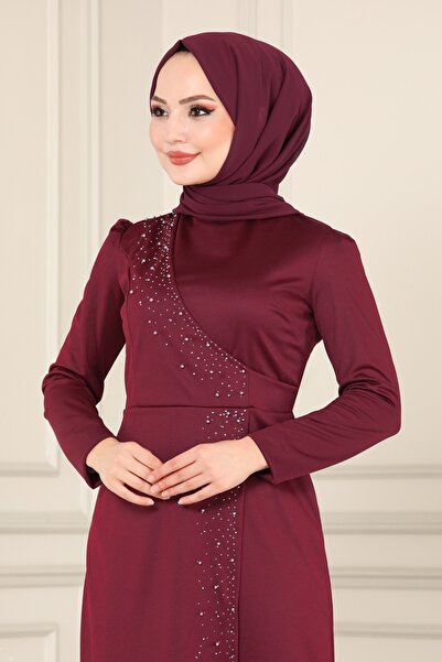 ModaMerve İnci Detay Abiye Elbise 2459ASMK1074-MS Bordo