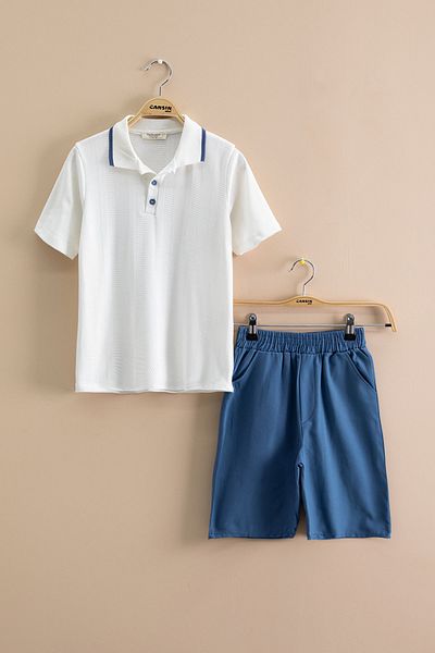 Cansın Mini Indigo Stripe Patterned Polo Collar Buttoned Boy's Shorts 2 Piece Set 21116