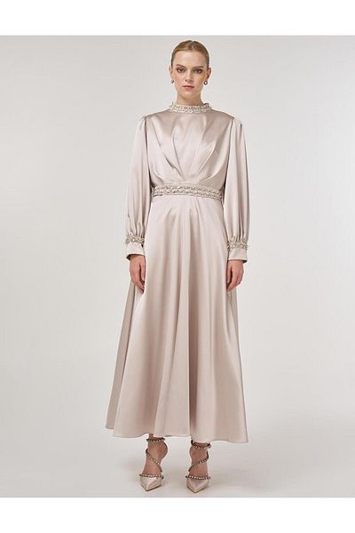 Kayra Draped Embroidered Satin Dress Stone