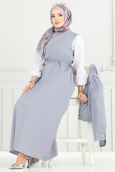 ModaMerve Düğme Detaylı Elbise Takım 3056KTR750-MS Gri