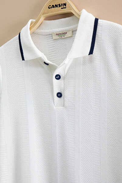 Cansın Mini Navy Blue Stripe Patterned Polo Collar Buttoned Boy's Shorts 2 Piece Set 21117