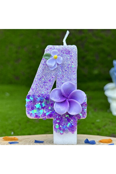 L&Wen شموع الكيك ذات الرقم 4 باللون الأرجواني مقاس 7 سم، شمعة ذات رقم على شكل زهرة لأعياد الميلاد والاحتفالات ذات الطابع الخاص